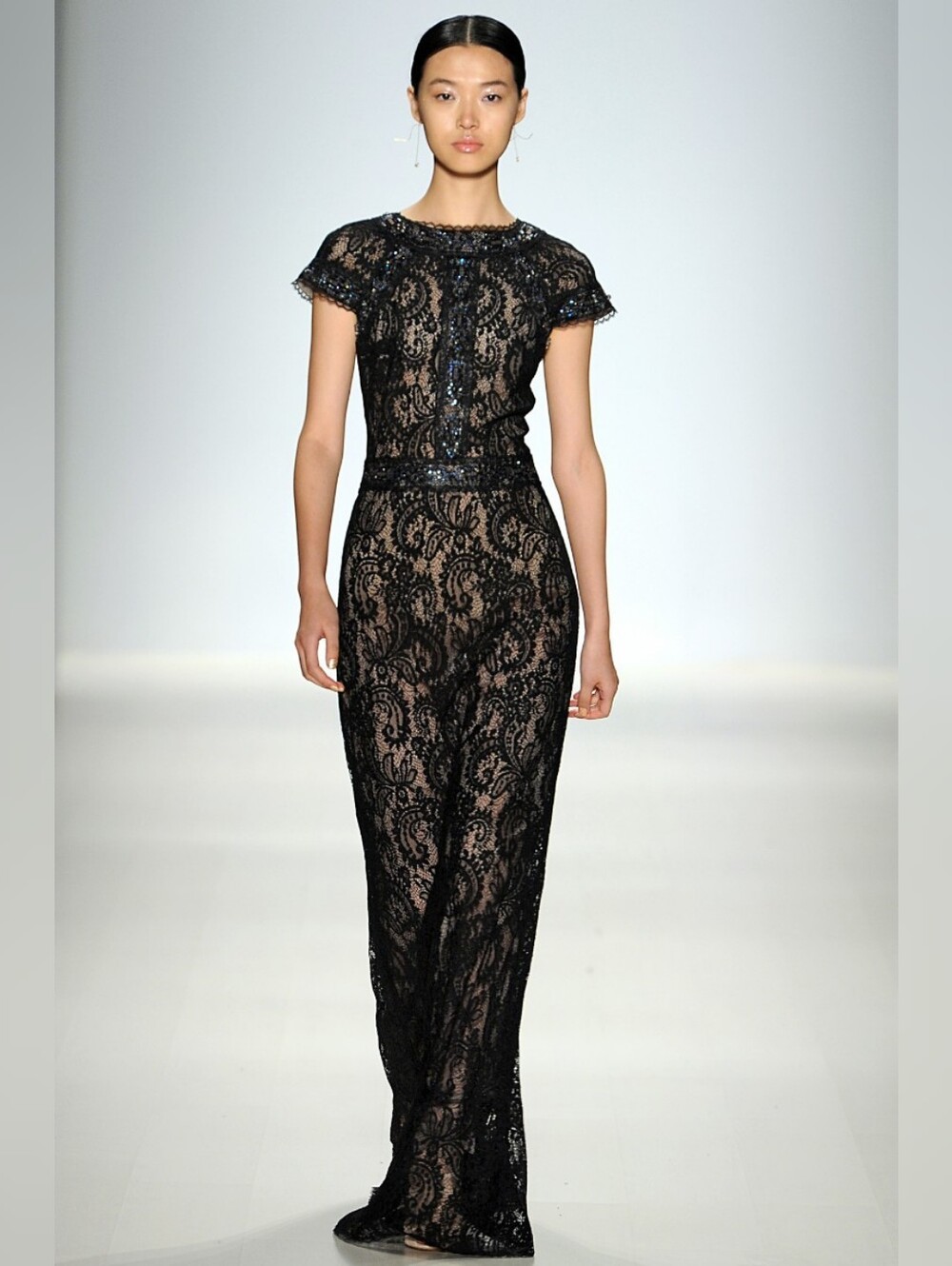 Tadashi Shoji Corded Lace Cap Sleeve Gown Black Nude Size 10 L